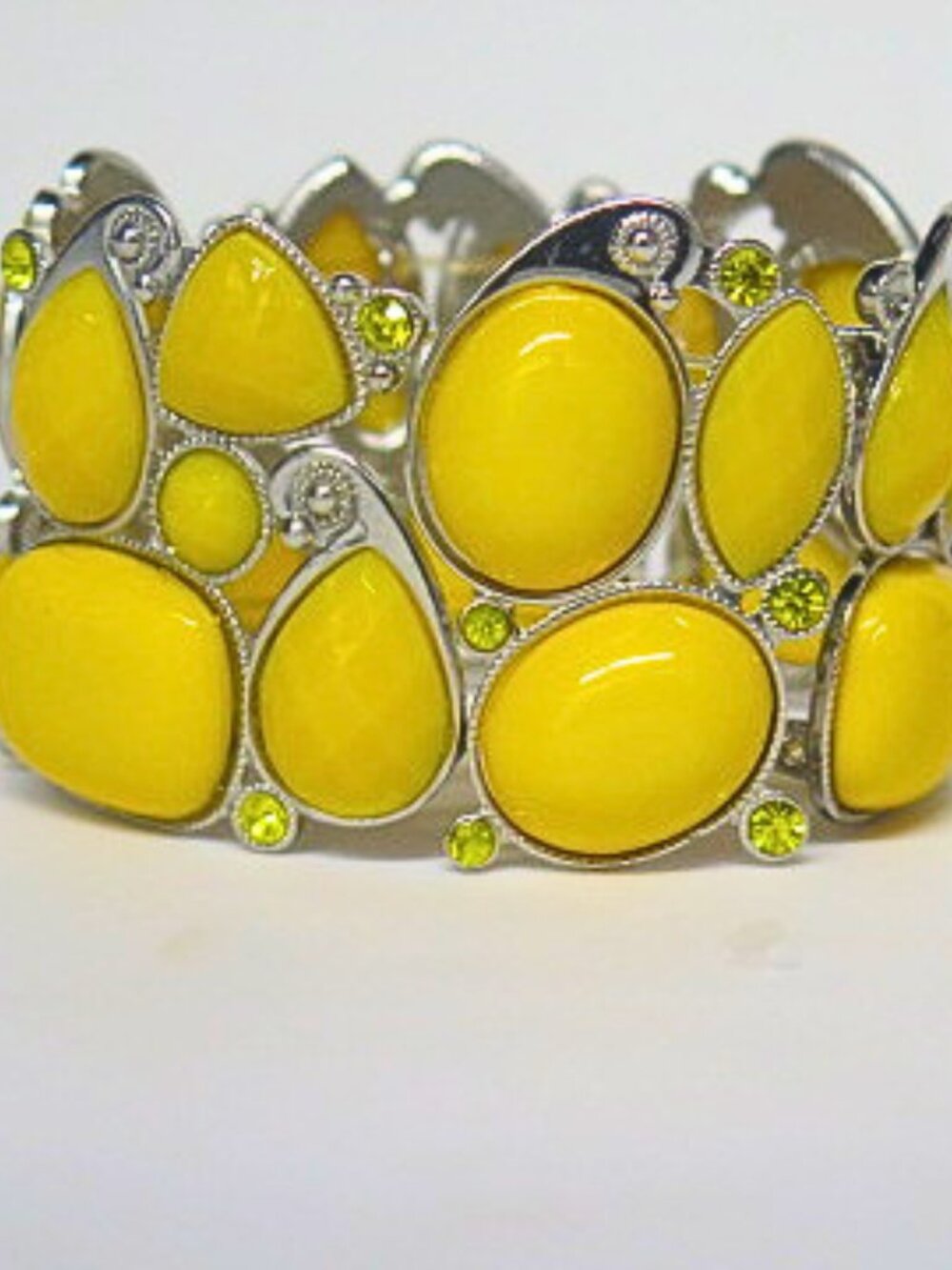 Yellow Stretch Statement Bracelet Silver Tone Rhinestone Chunky Cuff